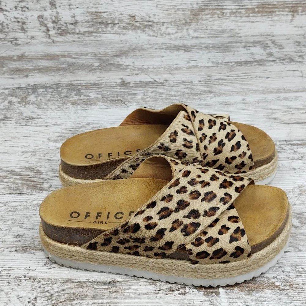 Like New Office Girl Leopard Calf Hair Flatform Espadrille Slide Sandal - Picture 9 of 16